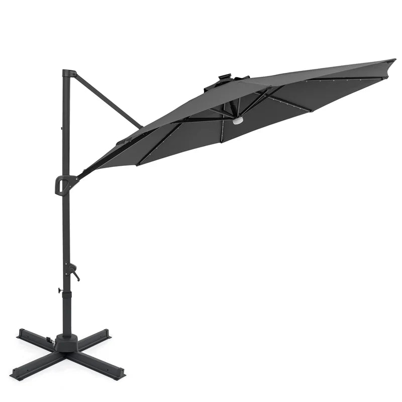 10FT Cantilever Patio Umbrella w/ 36 Solar LED Lights, 360° Rotation Offset Hanging Umbrella, Easy Tilt, 8 Sturdy Ribs, Sun Shade for Yard Pool