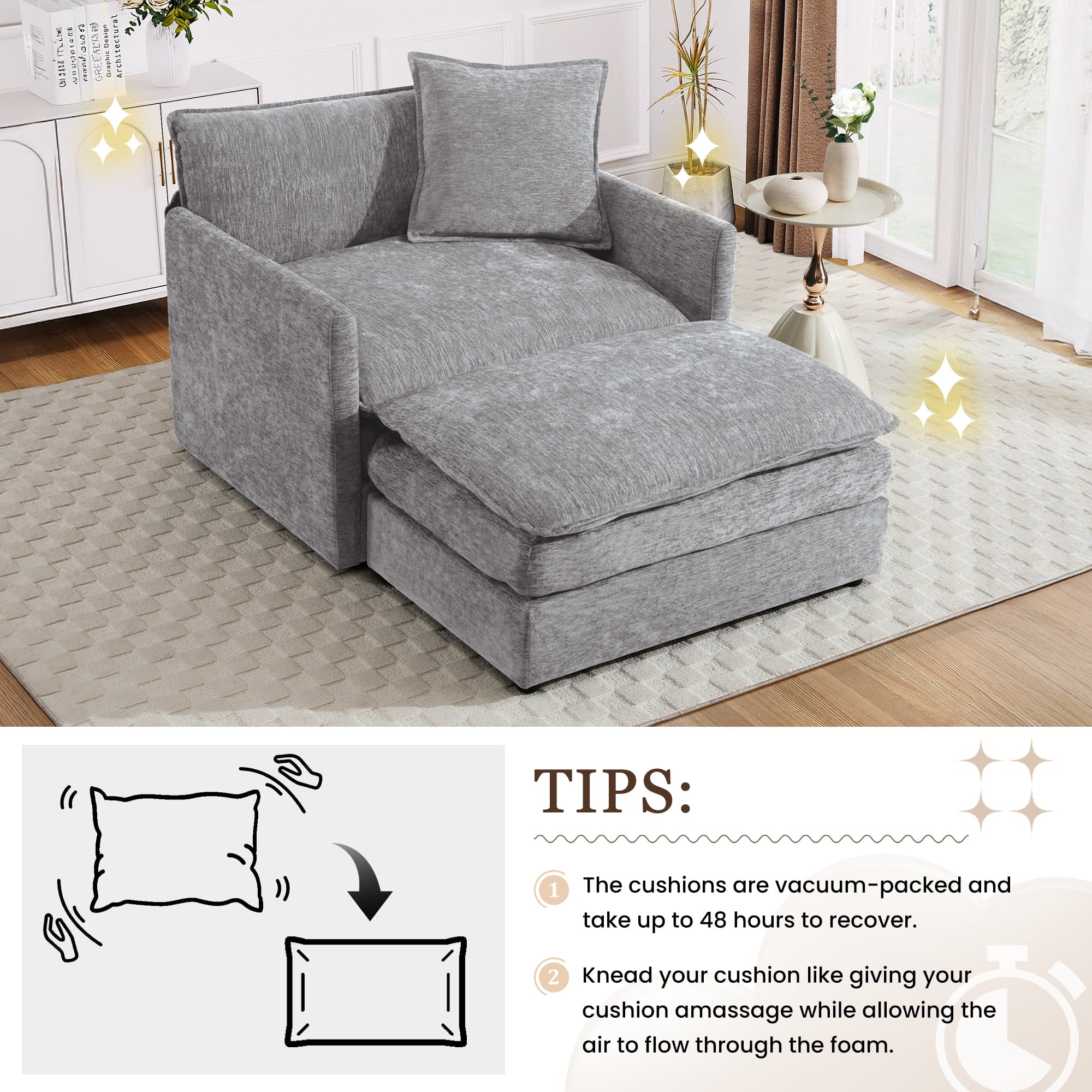 Muumblus Oversized Lounge Chair with Ottoman, Cloud Accent Armchair for Living Room, Beige Chenille