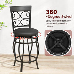 26" Vintage Swivel Bar Stools Set of 2, Counter Height Metal Barstools with Back & Upholstered PU Leather Padded Seat for Pub, Kitchen Island