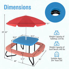 8-Person Kids Picnic Table Bench Set with Removable & Foldable Umbrella, Toddler Outdoor HDPE Activity Table and Chair Set for Backyard Patio