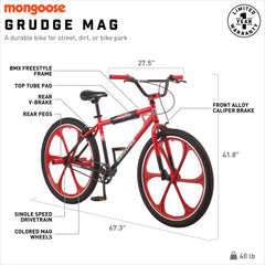 26 In. Grudge Mag BMX Freestyle Bike, Single Speed, Red / Black