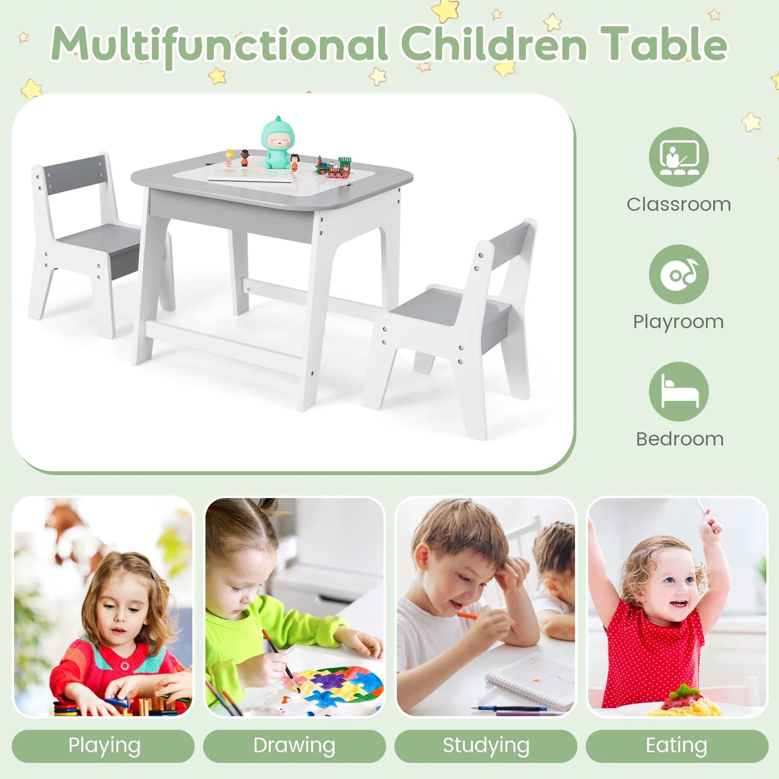 OLAKIDS Kids Table and Chair Set, 3 in 1 Wooden Activity Table with Removable Tabletop, Blackboard and Whiteboard for Toddlers Arts Crafts Drawing Reading Playing, Playroom Nursery (Natural)