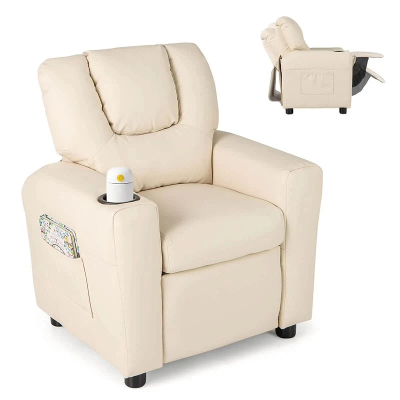 Kids Recliner Chair with Cup Holder & Side Pocket, Adjustable Toddler Lounge Sofa, Ergonomic Children Armchairs for Boys Girls Age 3+, 150lbs