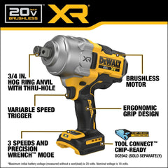 DEWALT 20V MAX XR Brushless Cordless 3/4 In. High Torque Impact Wrench with Hog Ring Anvil Tool Only DCF964B