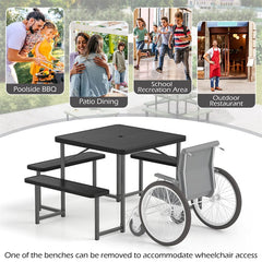 4-8 Person Outdoor Picnic Table Bench Set, All-Weather HDPE Square Dining Table with Umbrella Hole, 4 Benches & Metal Frame for Patio Backyard