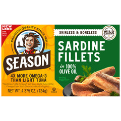 Season Sardine Fillets in 100% Olive Oil, Wild Caught, Skinless & Boneless, 4.375 oz, 6 - Count