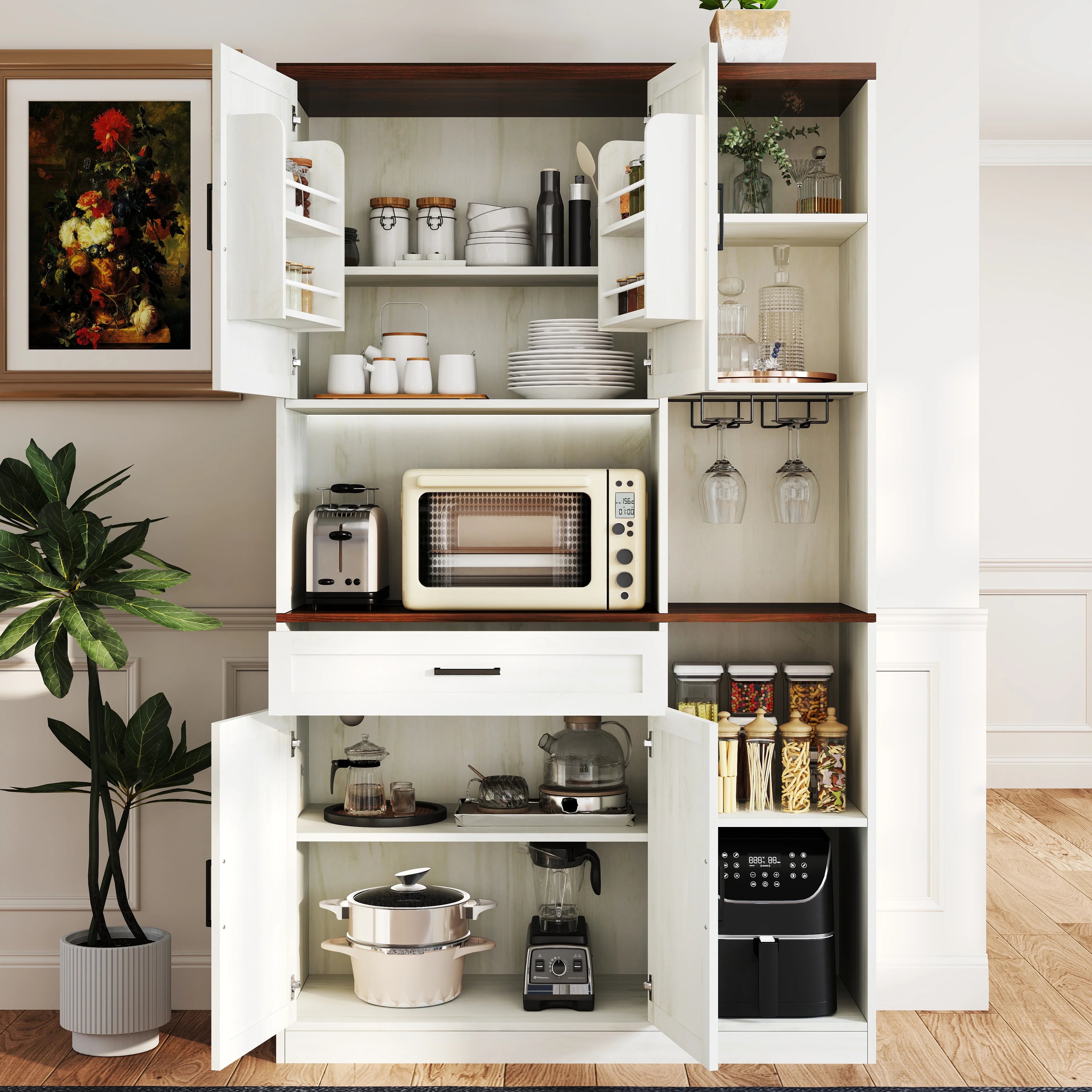 Trumanpick 61"h Large Buffet Sideboard Cabinet, TV Cabinet, Kitchen Pantry for Dining Room, Living Room, 61.3''L x 15''W x 29.8''H, White/Walnut