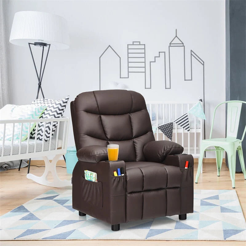 Kids Recliner Chair Adjustable Velvet Lounge Sofa with Cup Holders, 3 Pockets, Retractable Footrest, Toddler Furniture Sofa for Boys Girls Room