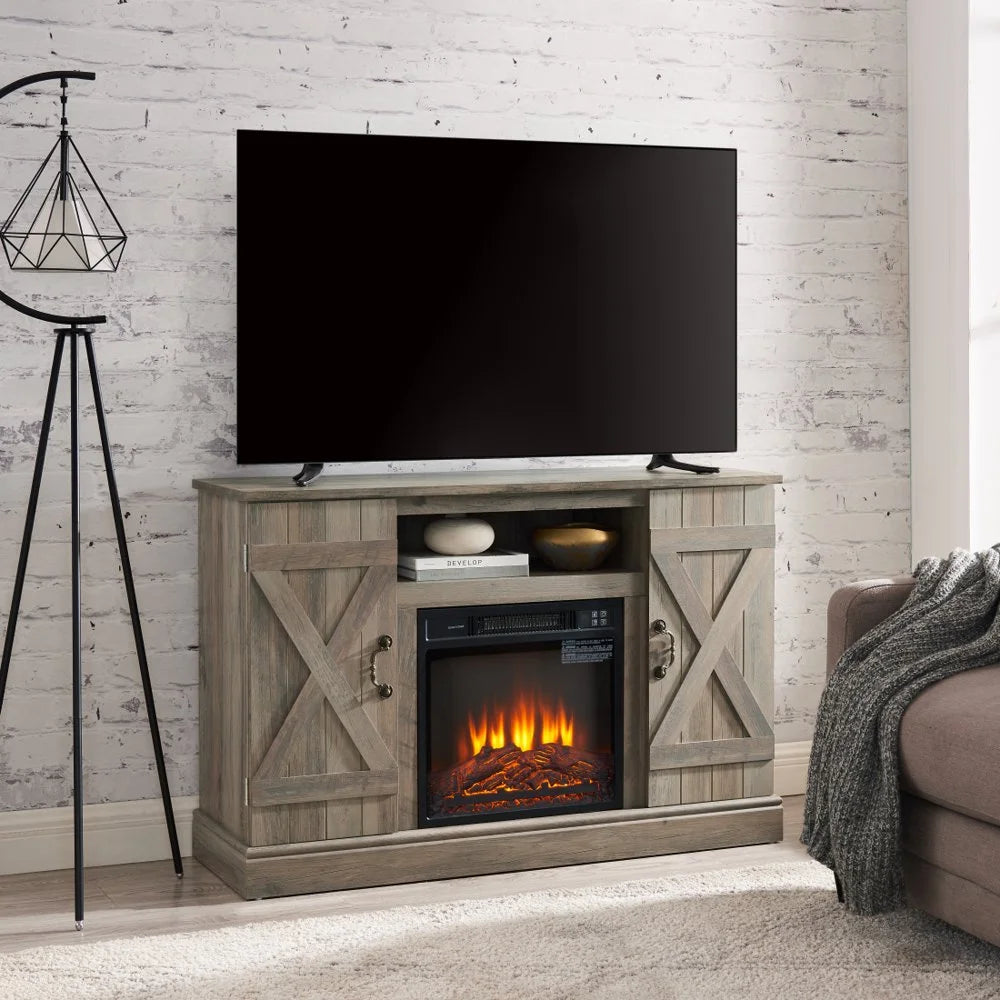 Gzxs Farmhouse Fireplace TV Stand with 18" Electric Fireplace for 50 in Tvs, Farmhouse Entertainment Center W/ Open Shelves, TV Media Console for Living Room, Gray Wash