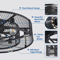 26 - Inch Farmhouse Caged Ceiling Fan with Light, Remote & APP Control Quiet DC Motor E26 Bulbs Included Black
