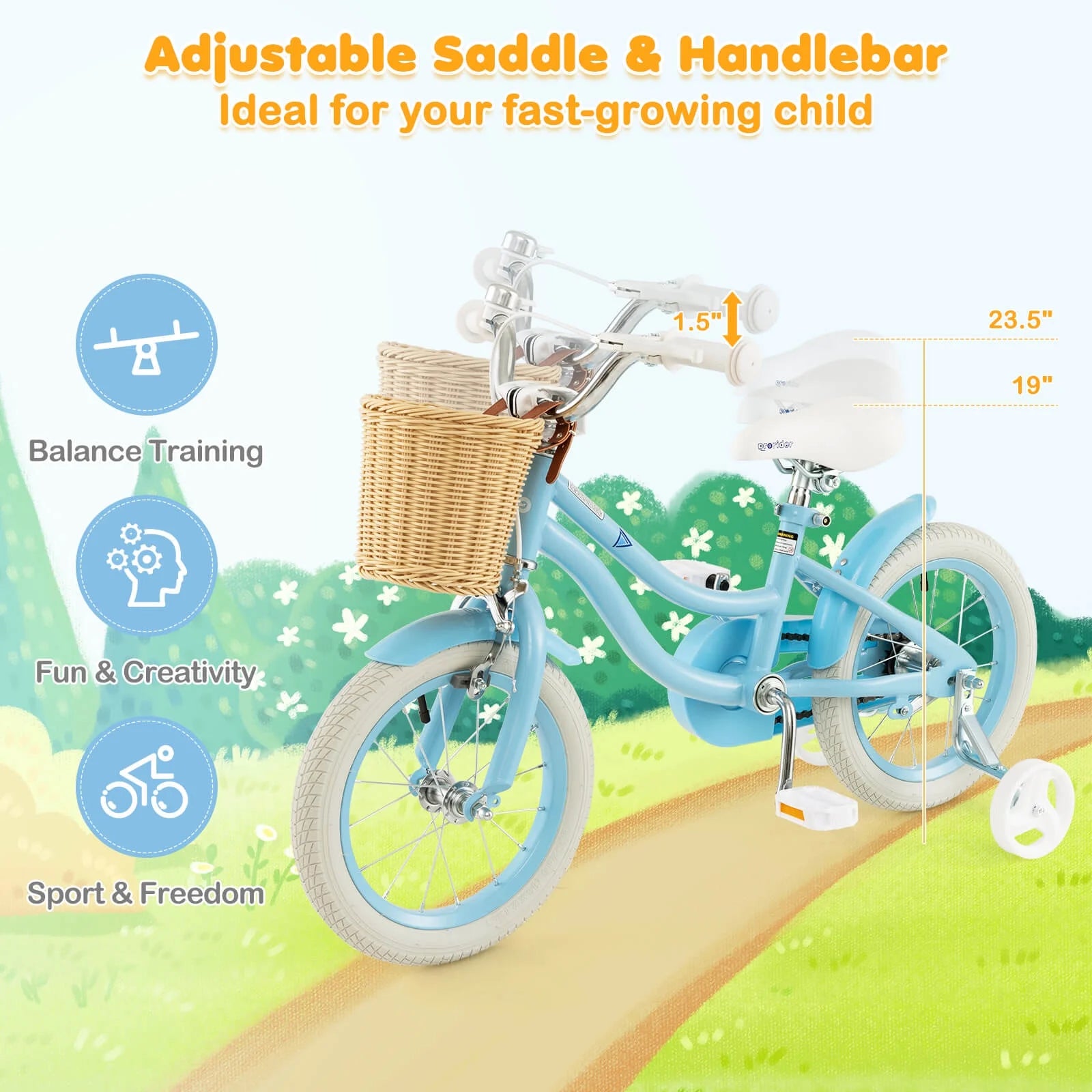 Prorider 16" Kid'S Bike with Training Wheels Adjustable Handlebar Seat Handbrake Pink