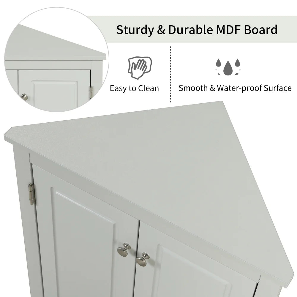 Home Floor Corner Cabinet with Adjustable Shelves and Two Doors, Triangle Bathroom Storage Cabinet, Modern Style Freestanding Floor Cabinet for Kitchen, Living Room and Hall, Oak
