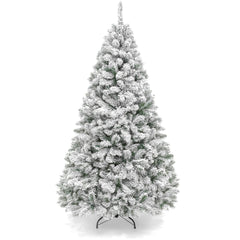 Best Choice Products Snow Flocked Hinged Artificial Christmas Pine Tree with Metal Stand, White/Green, 6'