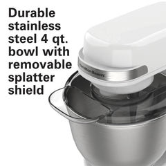 Hamilton Beach 4 Quart Stand Mixer for Kitchen, 7 Speeds, Tilt - Head, Dough Hook, Whisk & Flat Beater, White