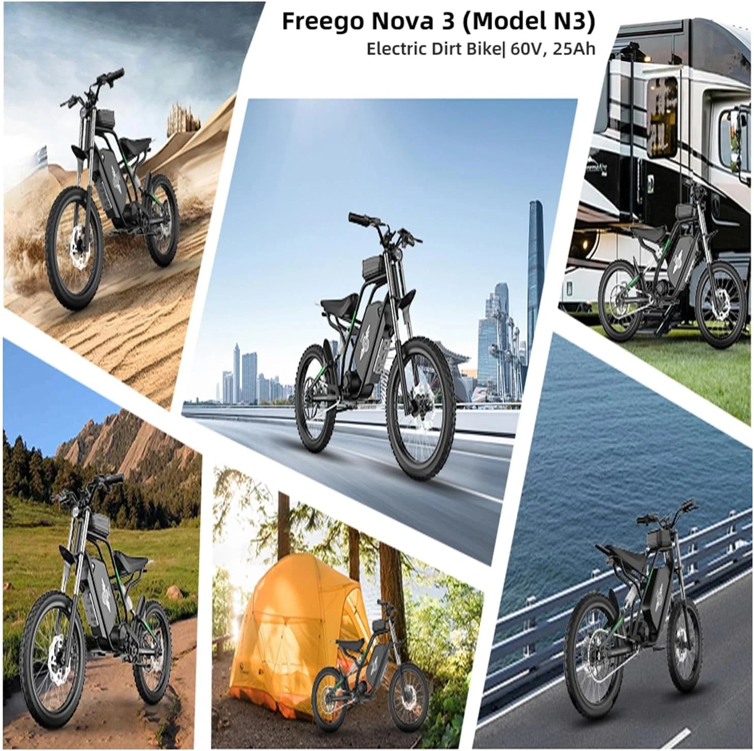 40MPH Electric Bicycle, Dual - Mode Electric Dirt Bike 3000W(Peak)Freego Nova3 Electric Motorcycle Bike for Adults, Mid - Drive Motor, 60V/25ah Battery, 17x3.15 Tire Full Suspension Hydraulic Brake