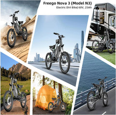 40MPH Electric Bicycle, Dual - Mode Electric Dirt Bike 3000W(Peak)Freego Nova3 Electric Motorcycle Bike for Adults, Mid - Drive Motor, 60V/25ah Battery, 17x3.15 Tire Full Suspension Hydraulic Brake