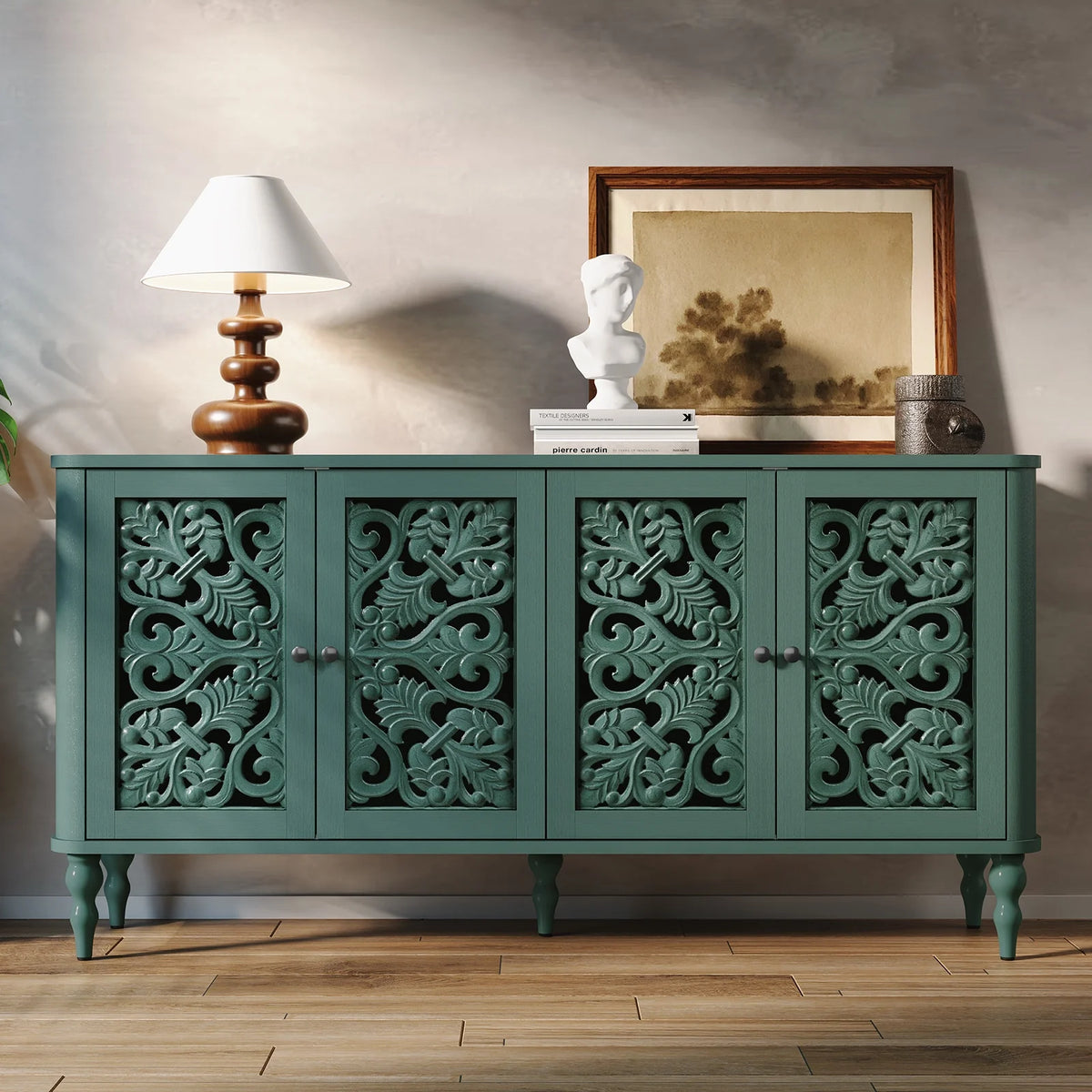 HLR 48" Accent Cabinet with 4 Doors, Vintage Hollow Carving Storage Credenza, Sideboards and Buffets Cabinet for Living Room, Kitchen, Dining Room, Entryway