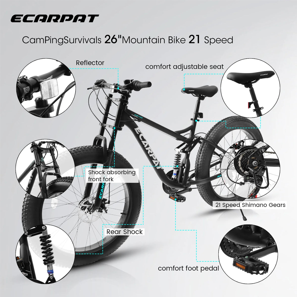 Ambifirner 26" Fat Tire Mountain Bike with Full Suspension - 4" Wide All - Terrain Tires & Shimano 21 - Speed Drivetrain - Outdoor Bike for Men/Women 85% Pre - Assembled Durable Design