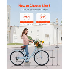 KFFKFF 26" Cruiser Bike, 7 - Speed, Pale Blue Coastal Riding Bike with Spacious Basket and Back Stand, Safe & Robust Bicycle with Modifiable Saddle