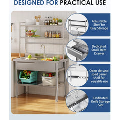 AECOJOY Stainless Steel Utility Sink with Shelves, Free Standing Single Bowl Commercial Kitchen Sinks