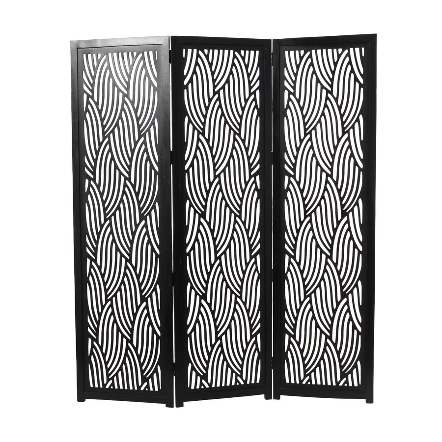 Decmode 60" x 72" Black Mango Wood Abstract Wavy Cutout 3 Panel Room Divider Screen, 1 - Piece